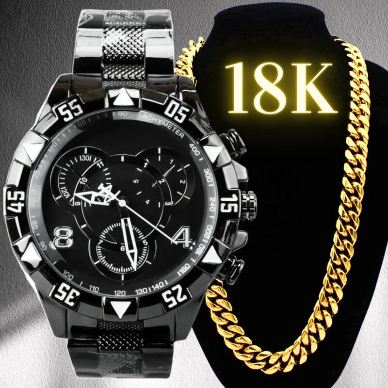 Male Golden Watch Kit + Thick Chain 8mm