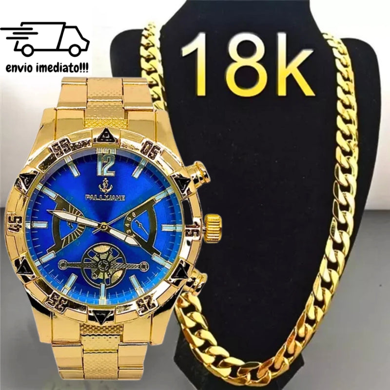 Male Golden Watch Kit + Thick Chain 8mm