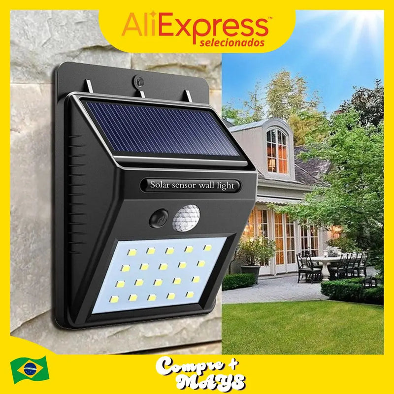 Luminária Solar com Sensor de Presença Automático 20 LEDs, Iluminação Eficiente para Exteriores, Jardim, Entrada, Garagem e Segurança