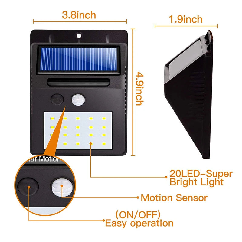 Luminária Solar com Sensor de Presença Automático 20 LEDs, Iluminação Eficiente para Exteriores, Jardim, Entrada, Garagem e Segurança