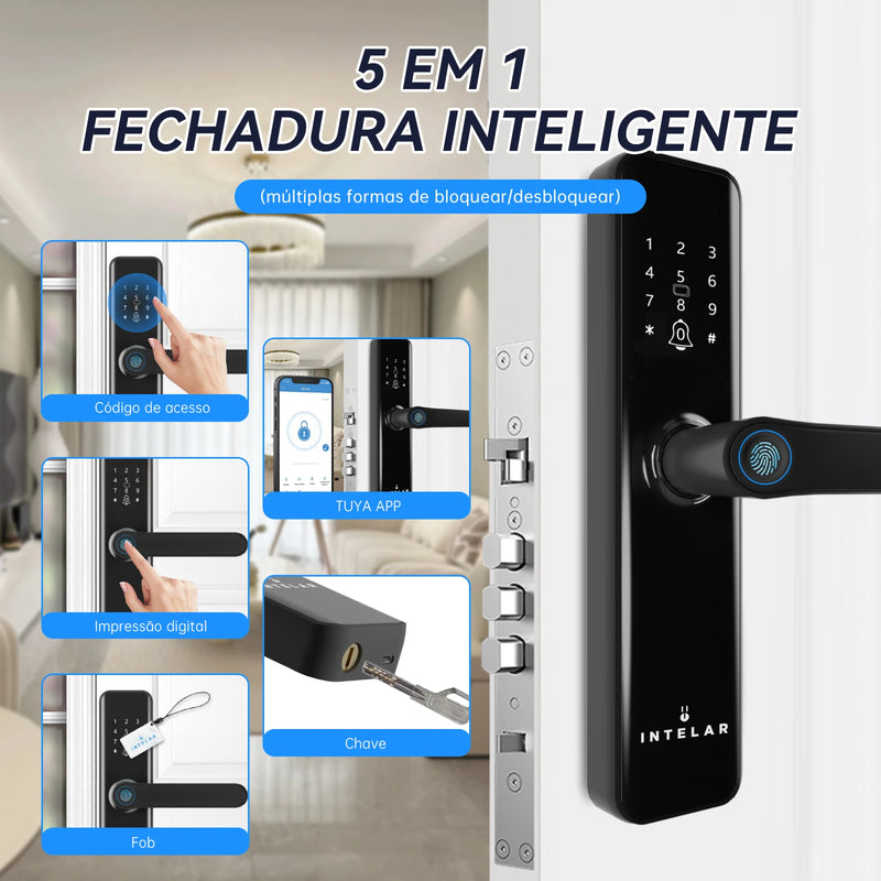 INTELAR Tuya Wifi Fechadura Digital Eletrônica Inteligente com Cartão Inteligente/Senha/Chave/Carregamento de Emergência via USB para Casa Inteligente