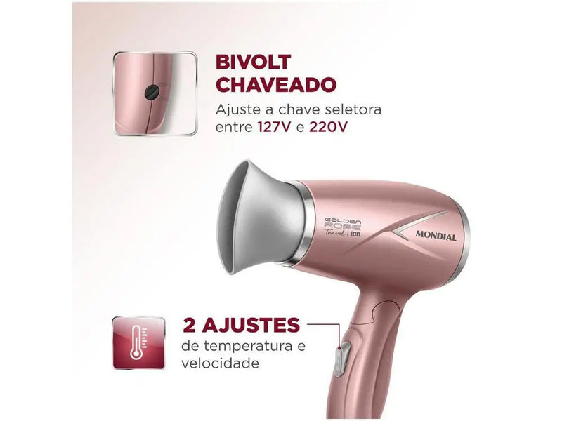 Secador de Cabelo Mondial Tourmaline Ion Golden - Bivolt