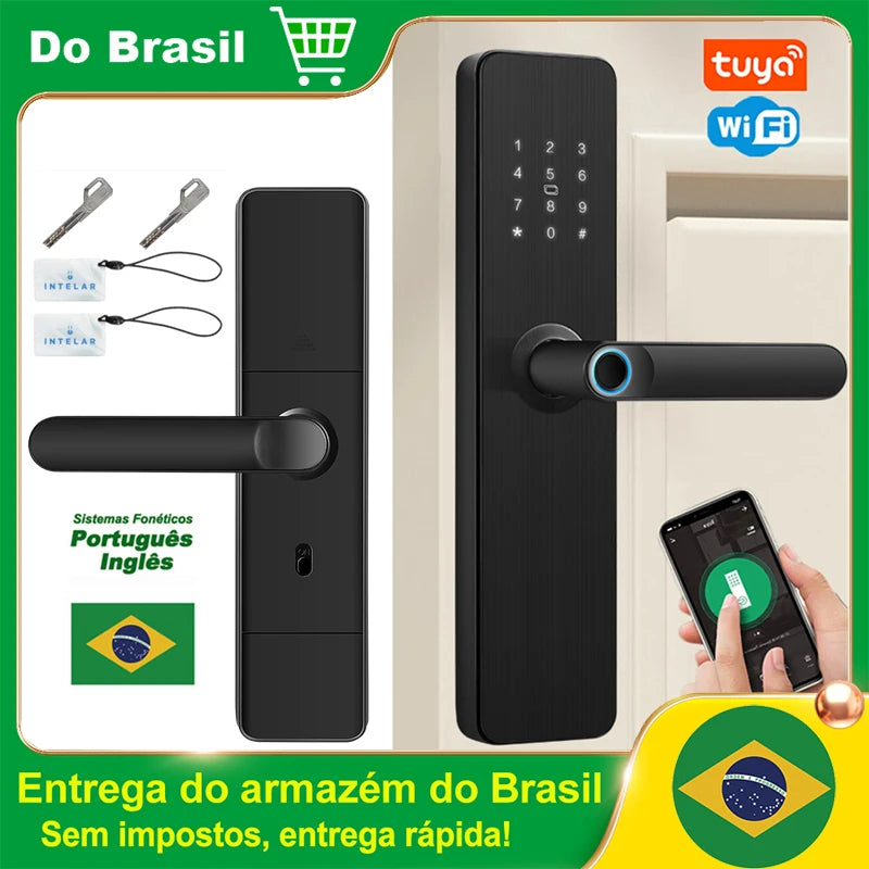 INTELAR Tuya Wifi Fechadura Digital Eletrônica Inteligente com Cartão Inteligente/Senha/Chave/Carregamento de Emergência via USB para Casa Inteligente